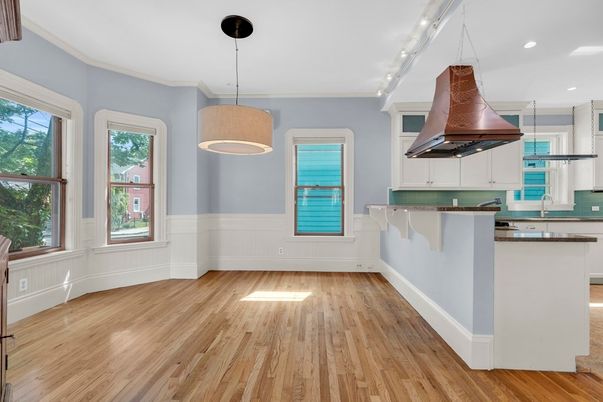 Interior, Kitchen, Pendant Lights, Recessed Lighting, Wood Texture Flooring
