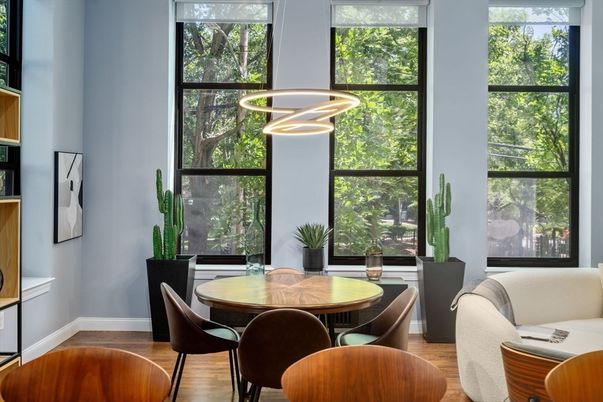 Dining room, Interior, Pendant Lights, Wood Texture Flooring