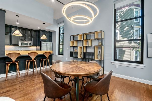 Dining room, Interior, Kitchen, Pendant Lights, Recessed Lighting, Wood Texture Flooring