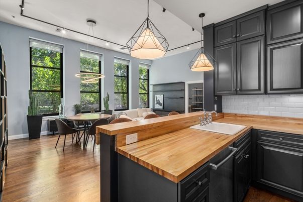 Dining room, Interior, Kitchen, Pendant Lights, Wood Texture Flooring