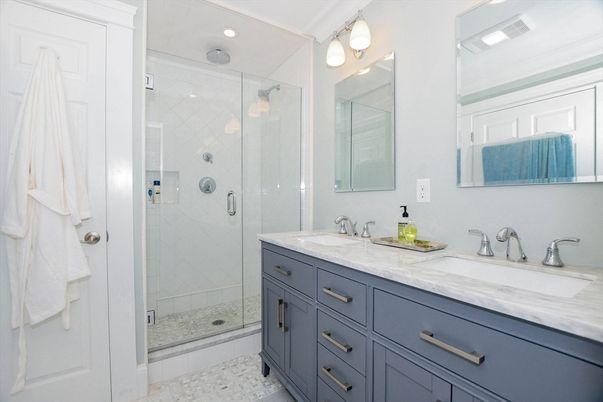 Bathroom, Dual Sink Vanities, Glass Shower, Interior, Recessed Lighting