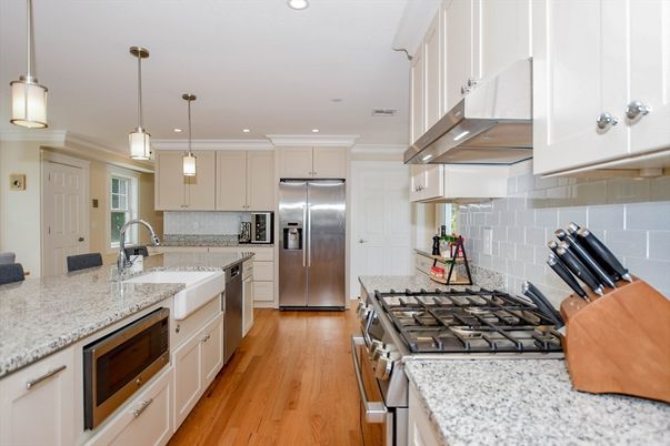 Interior, Kitchen, Pendant Lights, Recessed Lighting, Stainless Steel Appliances, Wood Texture Flooring