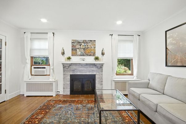 Fireplace, Interior, Living room, Recessed Lighting, Wood Texture Flooring