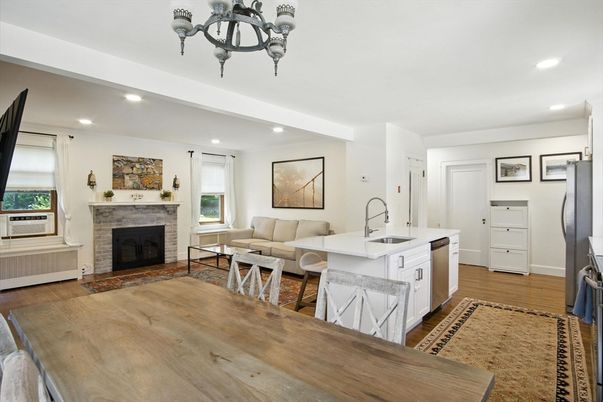 Dining room, Fireplace, Interior, Kitchen, Living room, Recessed Lighting, Wood Texture Flooring