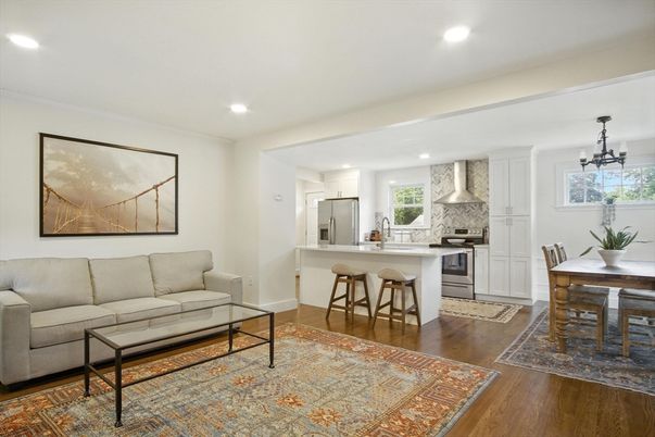 Dining room, Interior, Kitchen, Living room, Pendant Lights, Recessed Lighting, Stainless Steel Appliances, Wood Texture Flooring