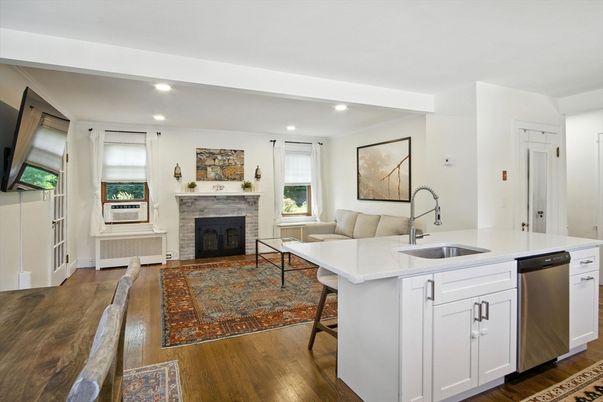 Fireplace, Interior, Kitchen, Living room, Recessed Lighting, Wood Texture Flooring