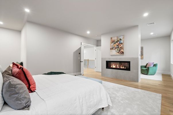 Bedroom, Fireplace, Interior, Recessed Lighting, Wood Texture Flooring