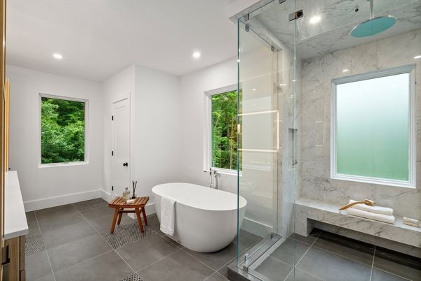 Bathroom, Free Standing Baths, Glass Shower, Interior, Marble Walls, Recessed Lighting