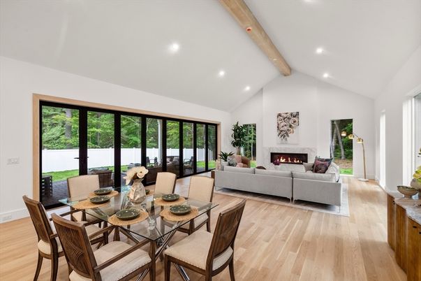 Dining room, Fireplace, Interior, Living room, Recessed Lighting, Wooden Beams, Wood Texture Flooring