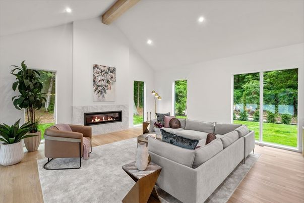 Fireplace, Interior, Living room, Recessed Lighting, Wooden Beams, Wood Texture Flooring