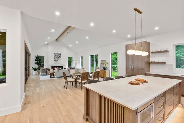 Dining room, Fireplace, Interior, Kitchen, Living room, Pendant Lights, Recessed Lighting, Wood Texture Flooring