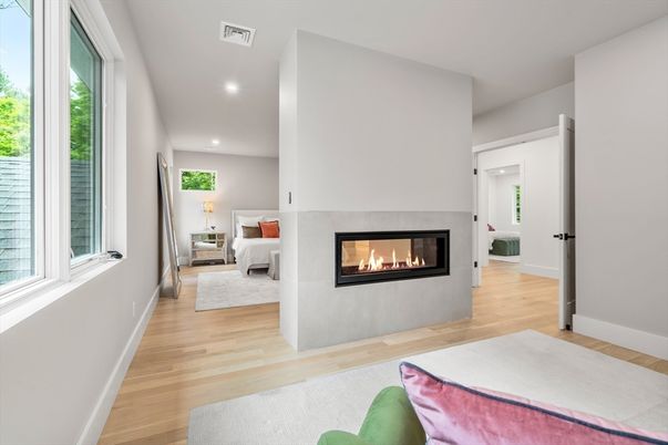 Bedroom, Fireplace, Interior, Recessed Lighting, Wood Texture Flooring