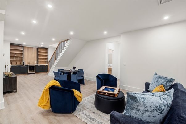 Dining room, Interior, Living room, Recessed Lighting, Wood Texture Flooring
