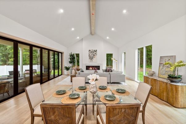 Dining room, Fireplace, Interior, Living room, Recessed Lighting, Wooden Beams, Wood Texture Flooring