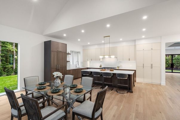 Dining room, Interior, Kitchen, Pendant Lights, Recessed Lighting, Wood Texture Flooring