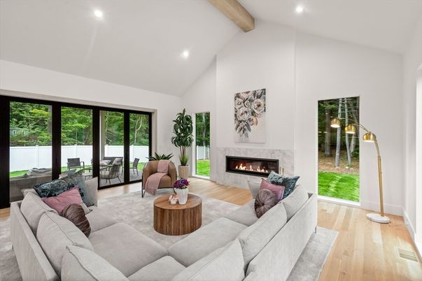 Fireplace, Interior, Living room, Recessed Lighting, Wooden Beams, Wood Texture Flooring