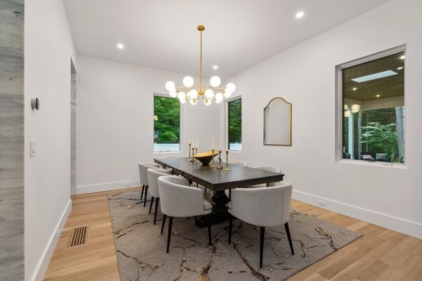 Dining room, Interior, Pendant Lights, Recessed Lighting, Wood Texture Flooring