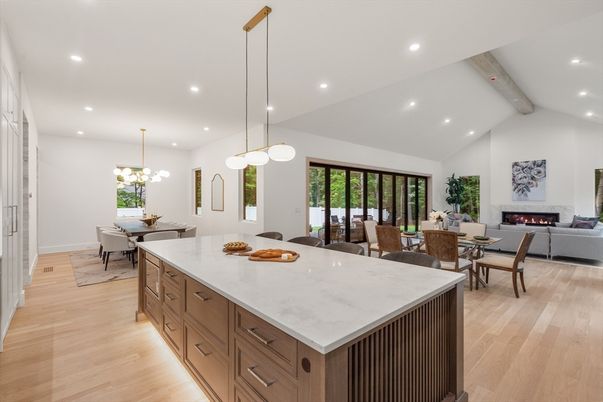 Dining room, Fireplace, Interior, Kitchen, Living room, Pendant Lights, Recessed Lighting, Wood Texture Flooring