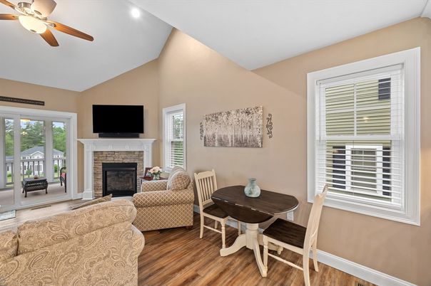 Dining room, Fireplace, Interior, Recessed Lighting, Wood Texture Flooring