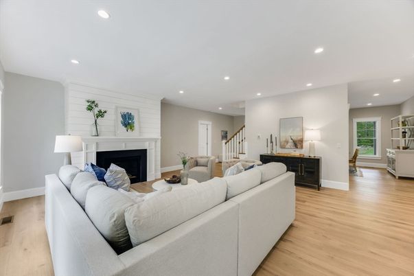 Fireplace, Interior, Living room, Recessed Lighting, Wood Texture Flooring