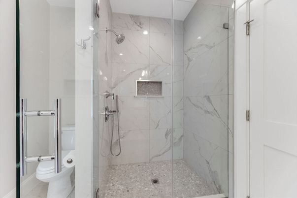 Bathroom, Glass Shower, Interior, Marble Walls, Recessed Lighting
