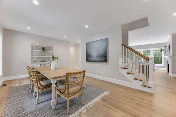 Dining room, Interior, Recessed Lighting, Wood Texture Flooring