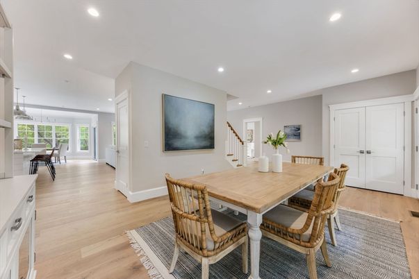 Dining room, Interior, Pendant Lights, Recessed Lighting, Wood Texture Flooring