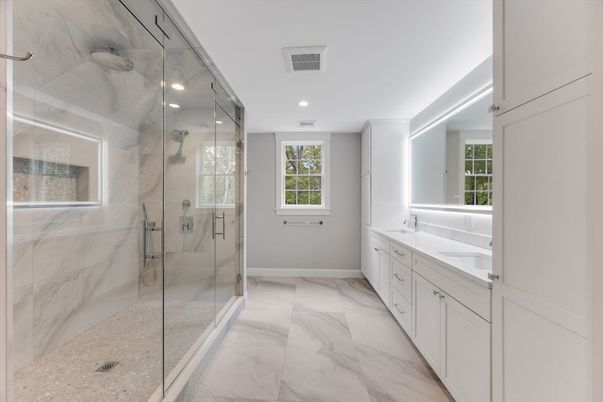 Bathroom, Glass Shower, Interior, Marble, Marble Walls, Recessed Lighting