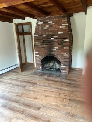 Empty room, Fireplace, Interior, Wooden Beams, Wooden Ceilings, Wood Texture Flooring