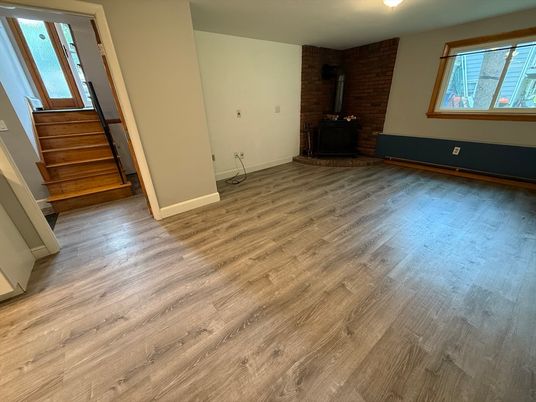 Empty room, Fireplace, Interior, Stone Walls, Wood Texture Flooring