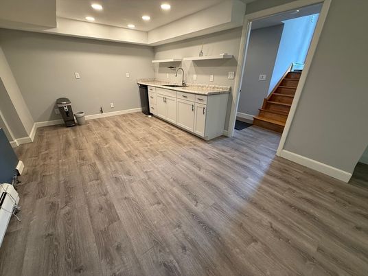 Interior, Kitchen, Recessed Lighting, Wood Texture Flooring