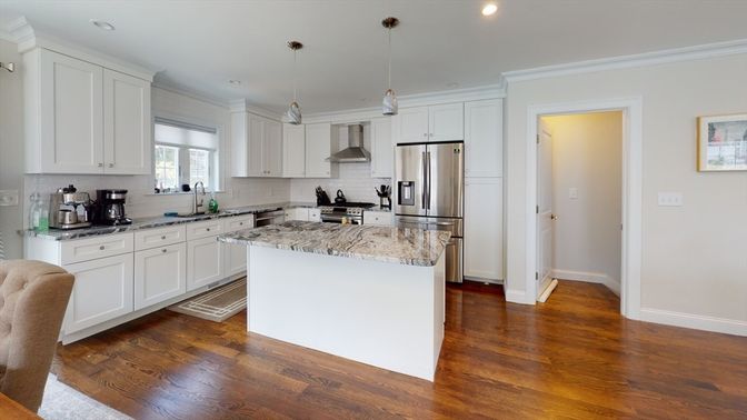 Interior, Kitchen, Pendant Lights, Recessed Lighting, Stainless Steel Appliances, Wood Texture Flooring