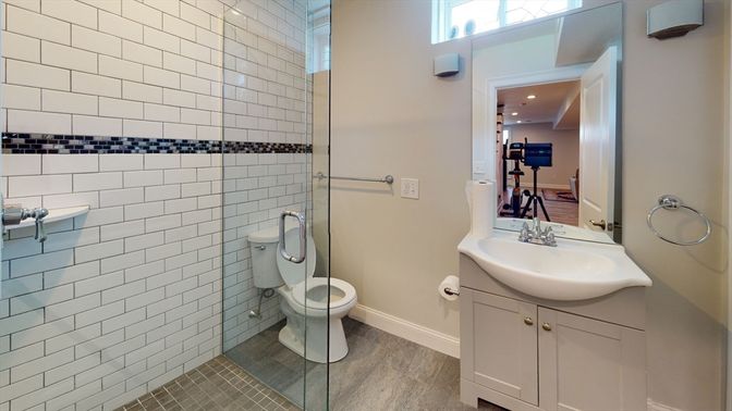 Bathroom, Glass Shower, Interior, Recessed Lighting, Wood Texture Flooring