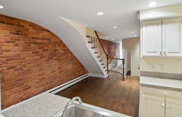 Interior, Kitchen, Recessed Lighting, Stone Walls, Wood Texture Flooring