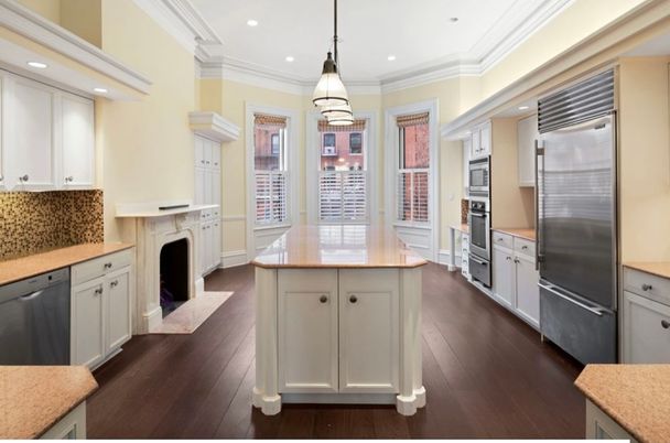 Fireplace, Interior, Kitchen, Pendant Lights, Recessed Lighting, Stainless Steel Appliances, Wood Texture Flooring