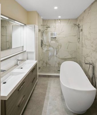 Bathroom, Dual Sink Vanities, Free Standing Baths, Glass Shower, Interior, Marble Walls, Recessed Lighting