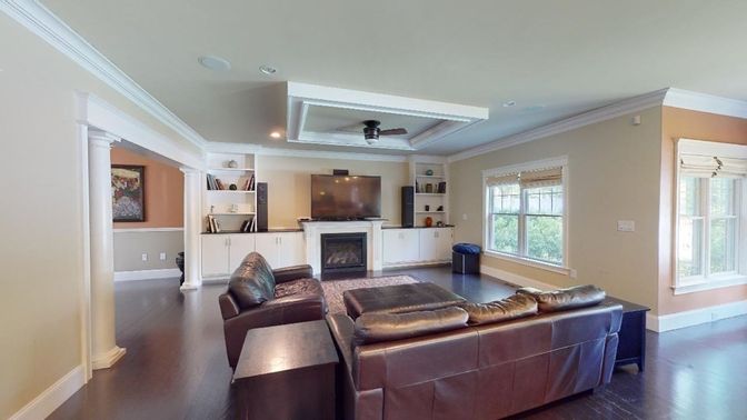 Fireplace, Interior, Living room, Recessed Lighting, Wood Texture Flooring