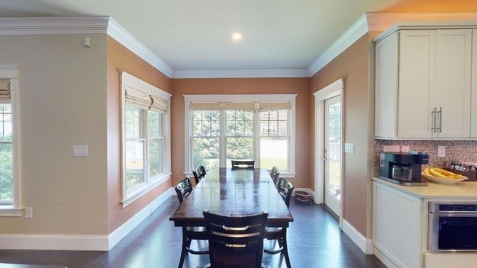 Dining room, Interior, Recessed Lighting, Wood Texture Flooring