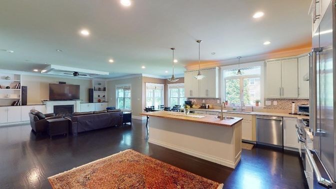 Fireplace, Interior, Kitchen, Living room, Pendant Lights, Recessed Lighting, Stainless Steel Appliances, Wood Texture Flooring