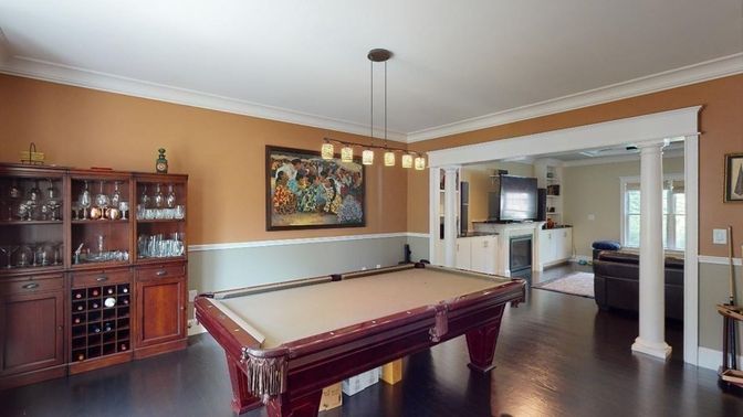 Billiard Table, Game Room, Interior, Pendant Lights, Wood Texture Flooring
