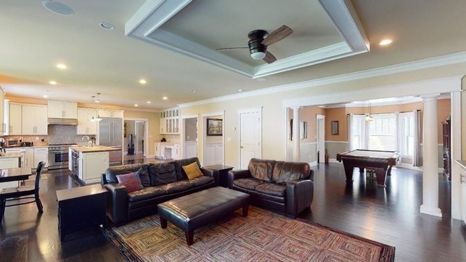 Billiard Table, Interior, Kitchen, Living room, Pendant Lights, Recessed Lighting, Stainless Steel Appliances, Wood Texture Flooring