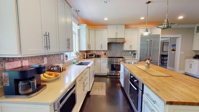 Interior, Kitchen, Pendant Lights, Recessed Lighting, Stainless Steel Appliances, Wood Texture Flooring