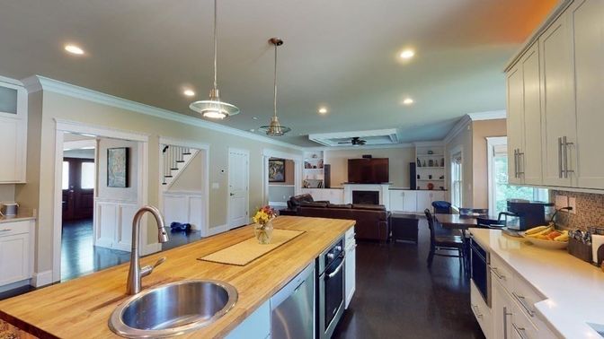 Dining room, Fireplace, Interior, Kitchen, Living room, Pendant Lights, Recessed Lighting, Wood Texture Flooring
