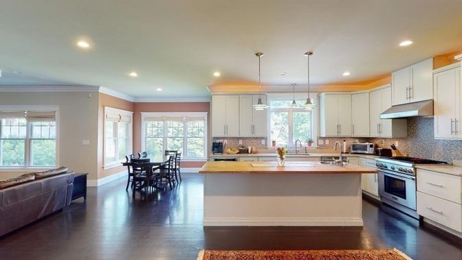 Dining room, Interior, Kitchen, Pendant Lights, Recessed Lighting, Stainless Steel Appliances, Wood Texture Flooring
