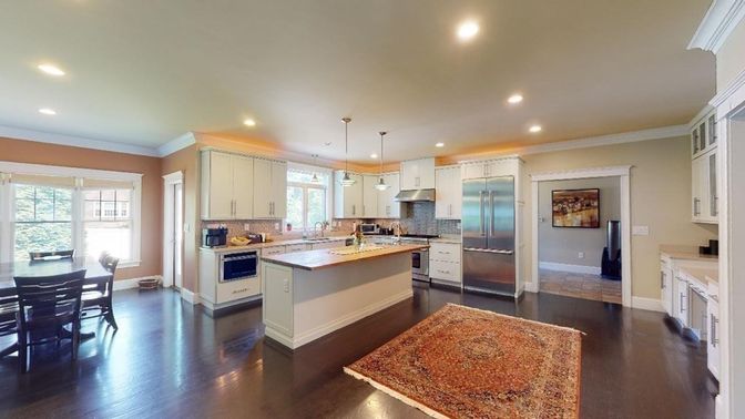 Dining room, Interior, Kitchen, Pendant Lights, Recessed Lighting, Stainless Steel Appliances, Wood Texture Flooring
