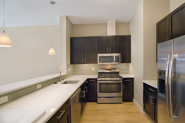 Interior, Kitchen, Pendant Lights, Stainless Steel Appliances, Wood Texture Flooring