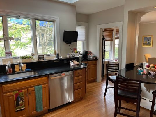 Dining room, Interior, Kitchen, Recessed Lighting, Stainless Steel Appliances, Wood Texture Flooring