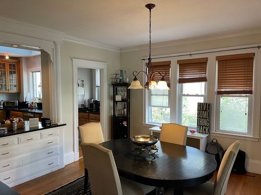 Dining room, Interior, Pendant Lights, Wood Texture Flooring