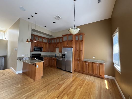 Interior, Kitchen, Pendant Lights, Stainless Steel Appliances, Wood Texture Flooring