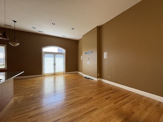 Empty room, Interior, Pendant Lights, Recessed Lighting, Wood Texture Flooring